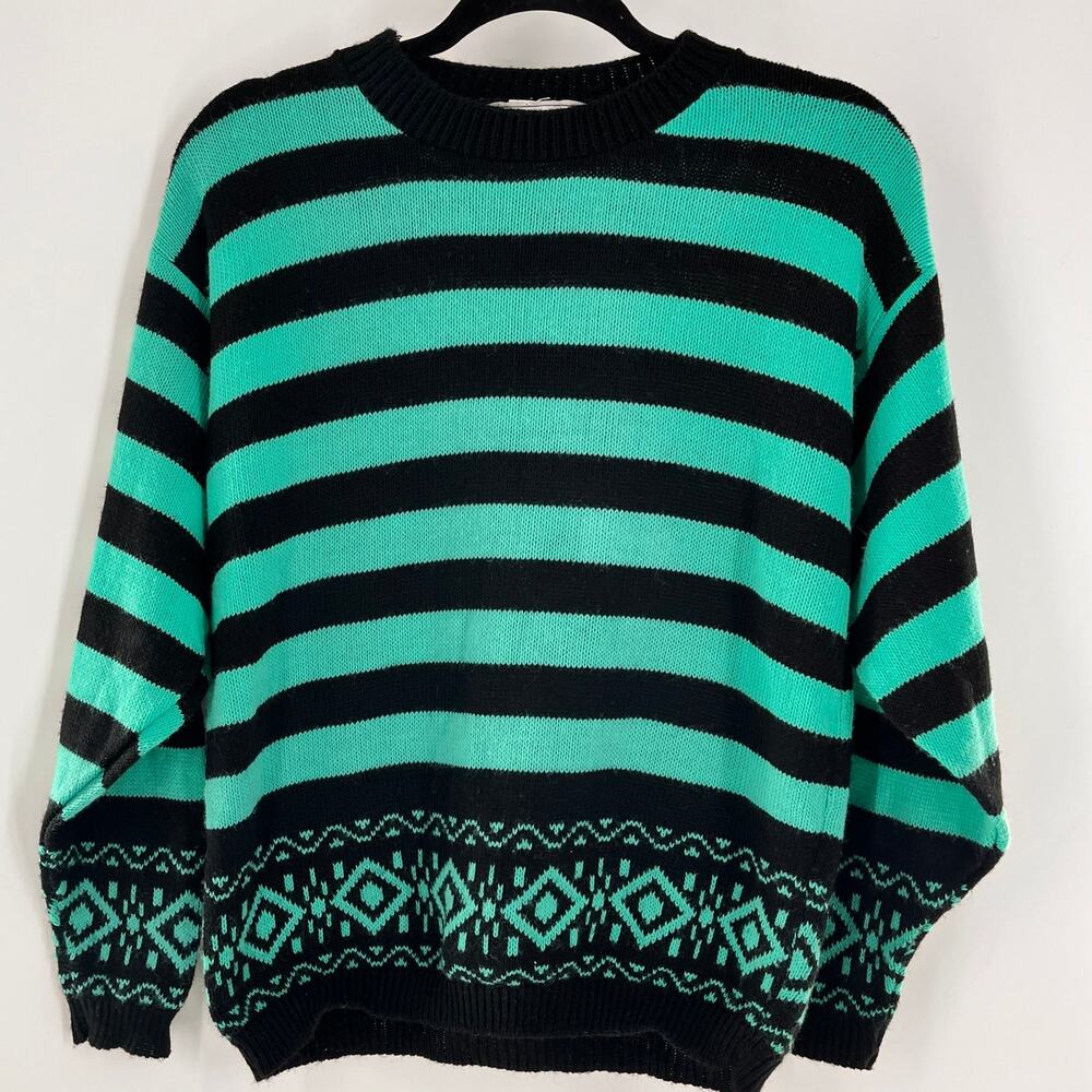 vintage women's Med 1980's striped crew neck sweater mint green black intarsia